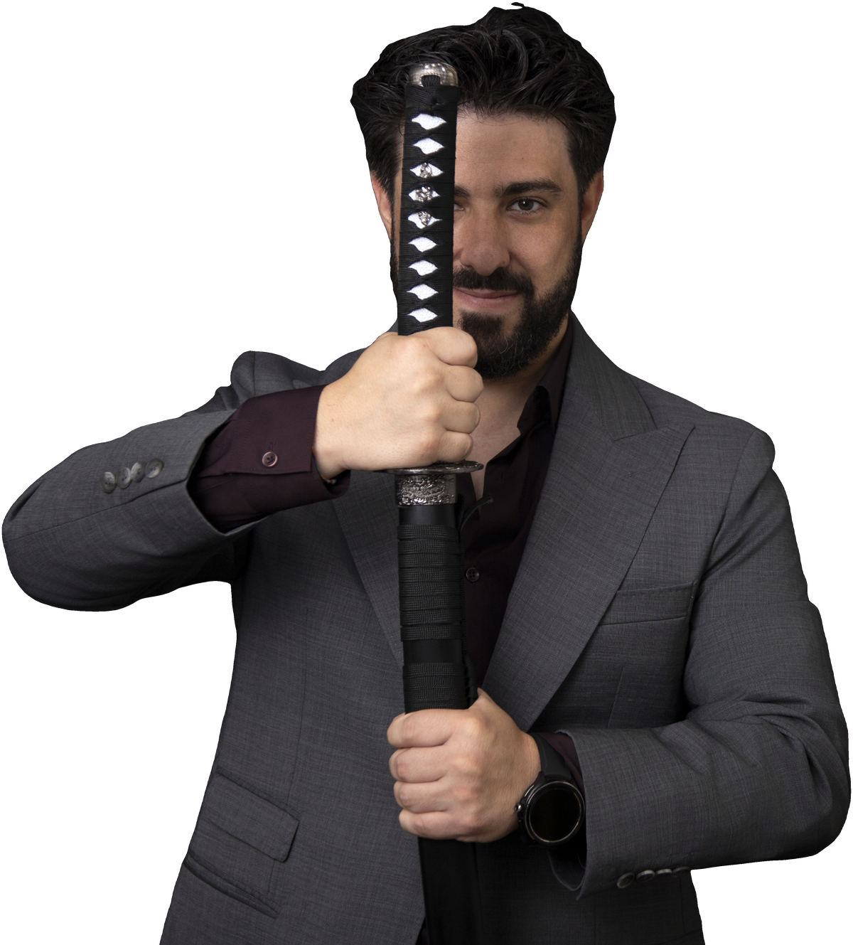 Nefta Nervo, traje con katana al pecho